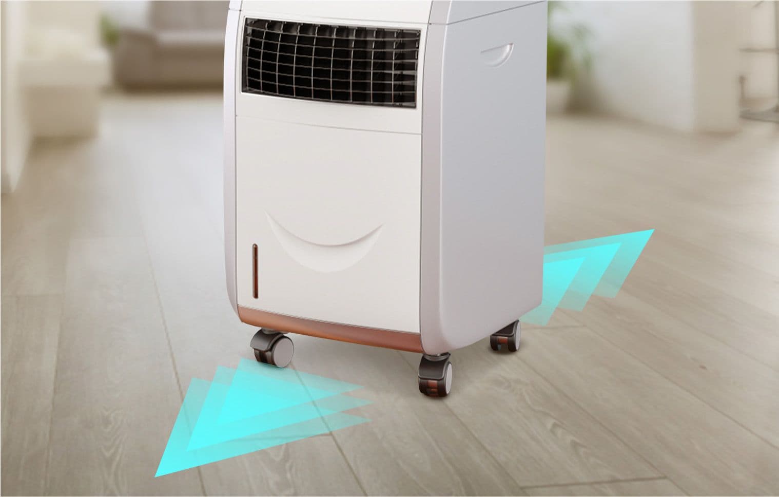 A portable aircon with rollers or wheels that can be easily pushed from one room to the next