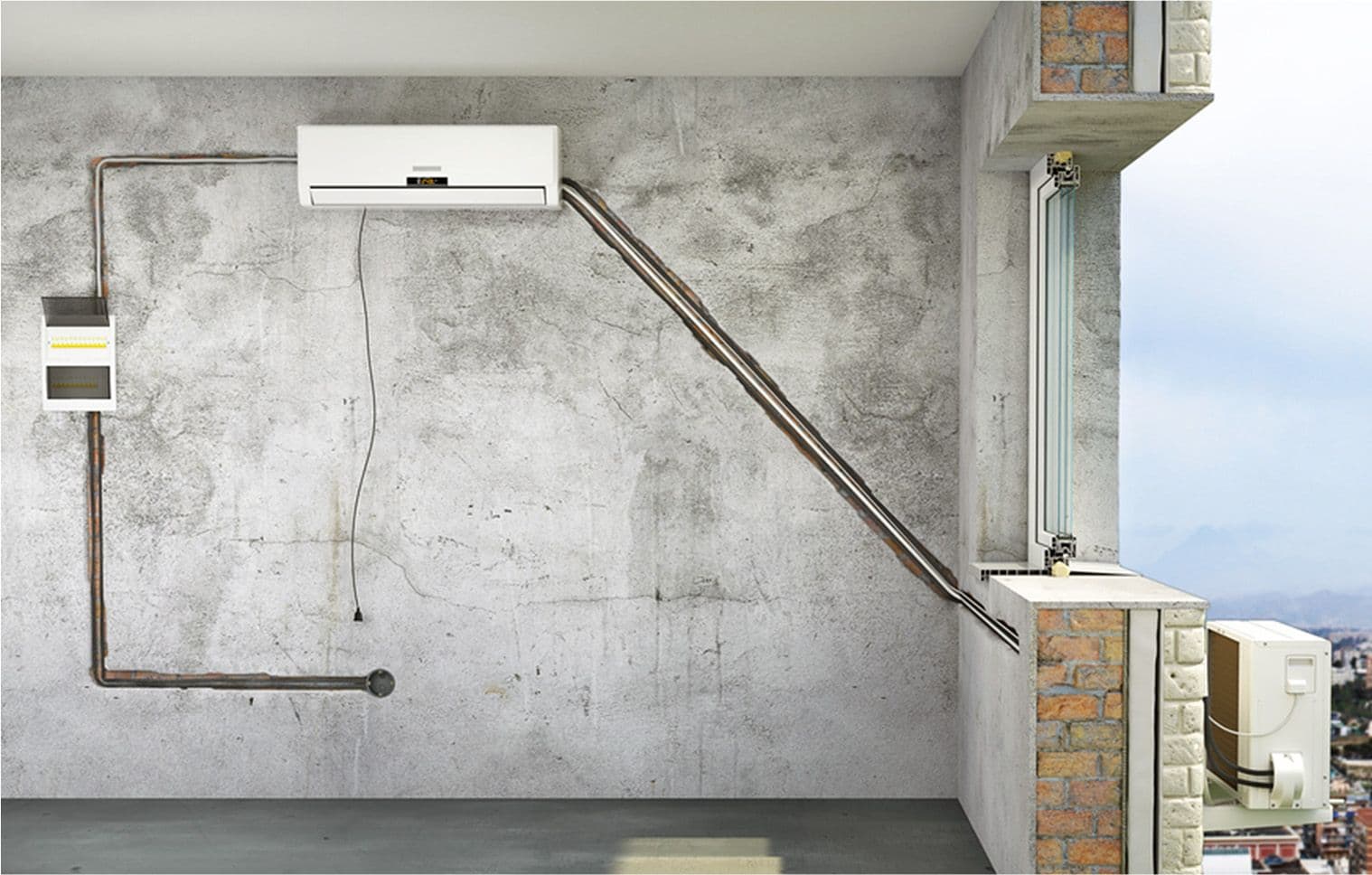 Technical carpentry and installation of pipes connecting the indoor aircon to the outdoor unit