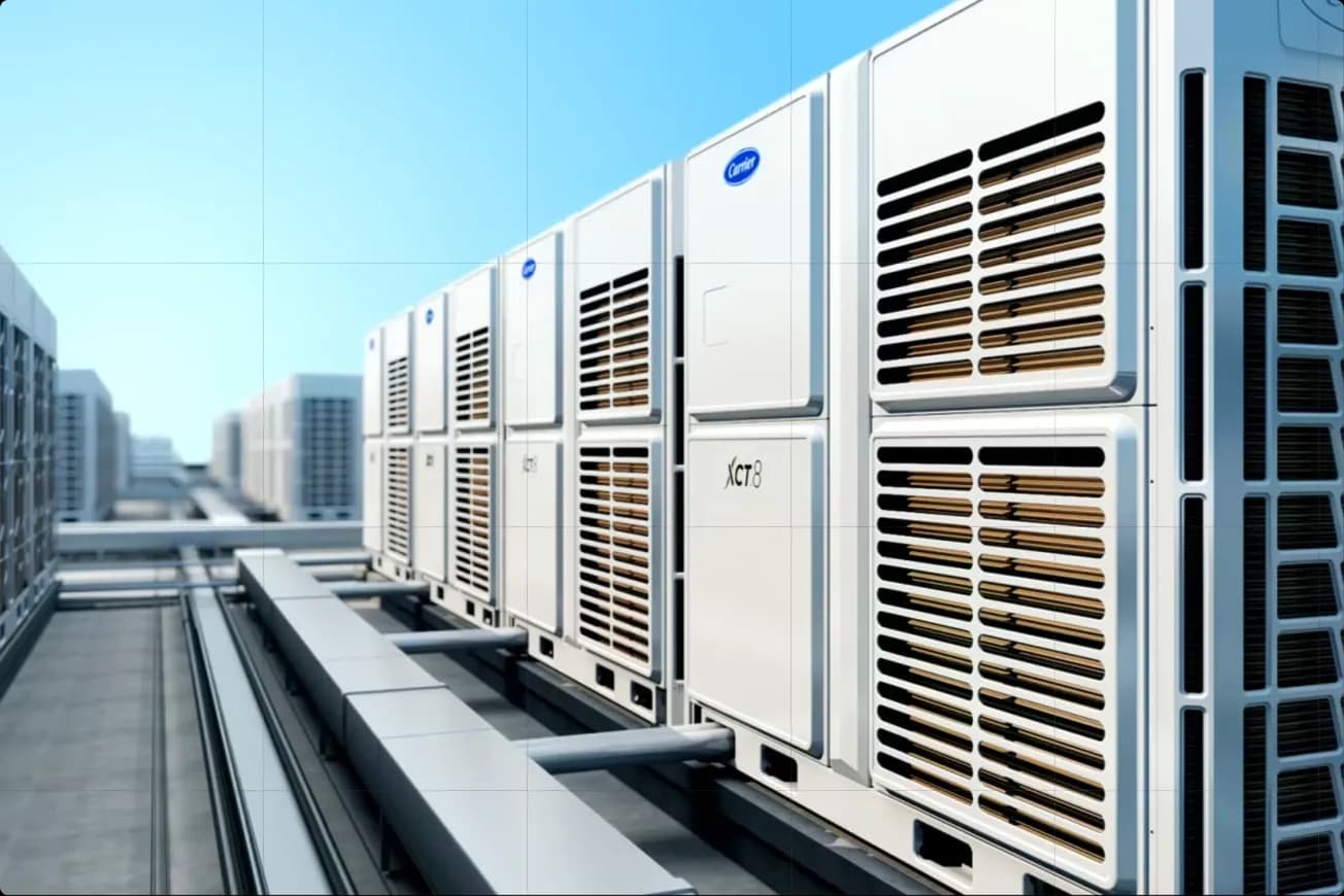 A row of expertly designed and developed Carrier air conditioning units