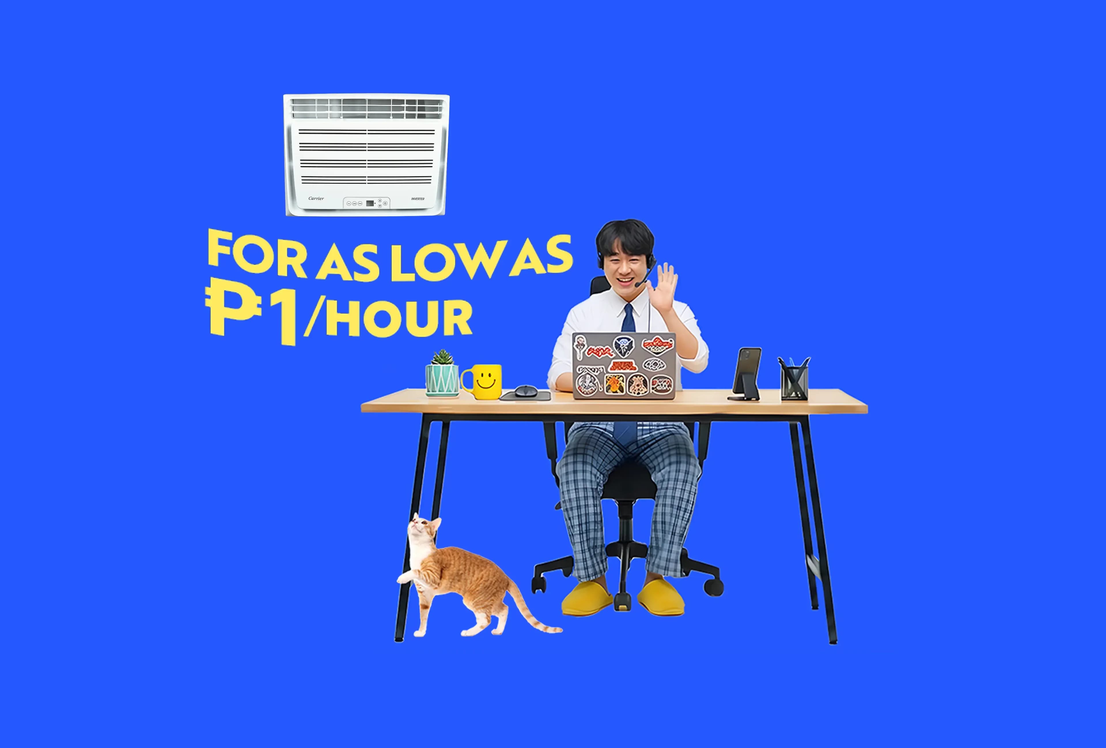 Graphic showing a person working at a desk under a window air conditioner highlighting low cost cooling at one peso per hour