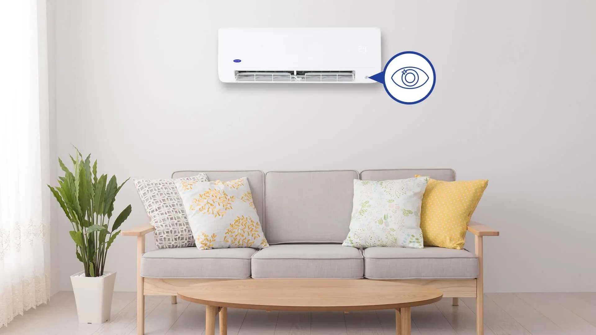 A Carrier Aura split type aircon model with an Intelligent Eye Sensor that adjusts energy consumption and reduces costs